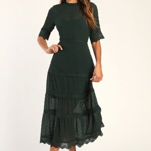 NWT Lulus Dreaming Of You Emerald Green Swiss Dot Midi Dress - Size S